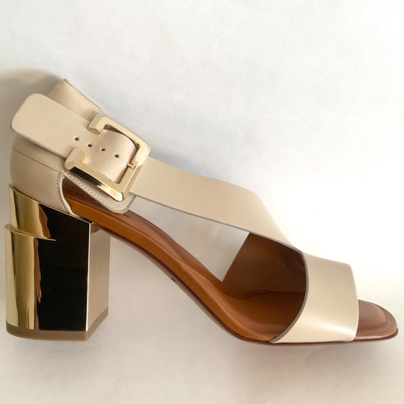 CLERGERIE Women's Beige Leather Abstract Gold Block-Heel Sandals Open toe Pumps - Picture 12 of 16